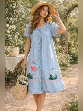 Vintage Smart Time Embroidered Flamingo Cotton Shirt Dress M coastal grandma
